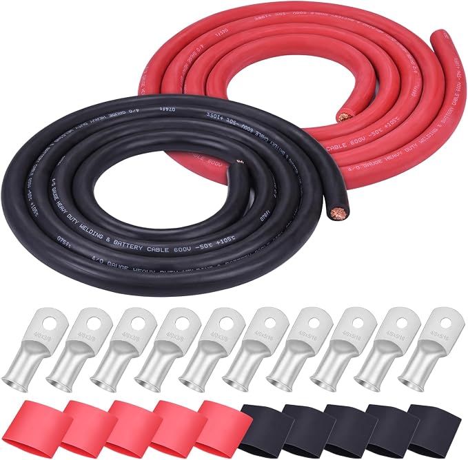 iGreely 4/0 Gauge 4/0 AWG Wire 10 Ft Black+10 Ft Red Flexible Welding Battery Copper Cable for Auto Solar Marine Truck Inverter,5pcs 5/16""&5pcs 3/8"" Copper Terminal Cable Lugs+Heat Shrink Tubing