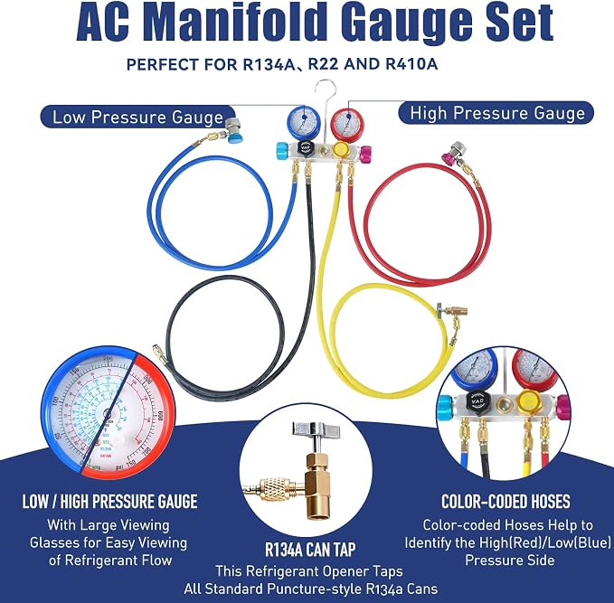 BACOENG 4.5CFM AC Vacuum Pump and Gauge Set, 4 Way HVAC Vacuum Pump Kit with Leak Detector for R134a R410a R22 Refrigerants AUTO/Mini Split Vacuum System, with R134a Quick Couplers, Can Tap & 4 Hoses