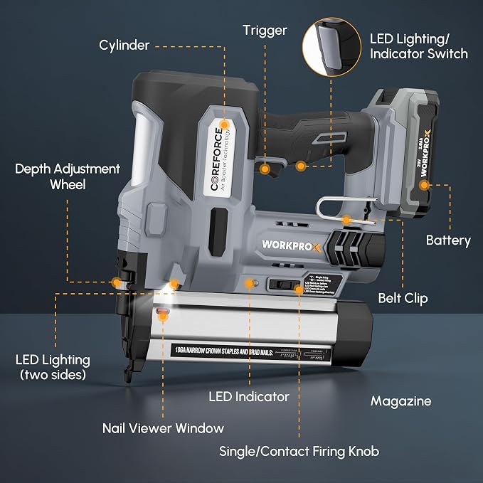 WORKPROX 20V Cordless Brad Nailer Kit, 18 Gauge 2-in-1 Nail & Staple Gun with 2.0Ah Rechargeable Battery, 1000 Staples & 1000 Nails, for Woodworking, Upholstery, DIY Projects & Home Improvement
