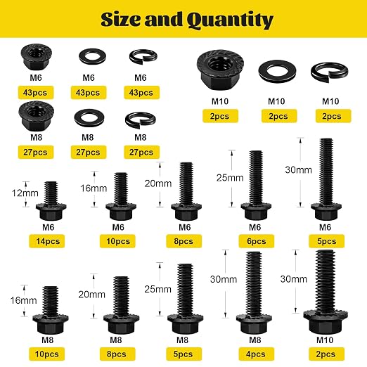 288PCS Metric Flange Head Bolts Assortment Kit,M6-1.0,M8-1.25,M10-1.5 Flanged Hex Bolt and Serrated Flange Nuts Washers Assorted,10.9 Black Zinc Galvanized (Length 12/16/20/25/30 mm)
