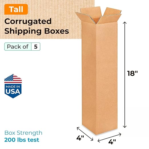IDL Packaging Tall Corrugated Shipping Boxes 4"L x 4"W x 18"H (Pack of 5) - Excellent Choice of Strong Packing Boxes for USPS, UPS, FedEx Shipping - Easy-to-Recycle Cardboard Boxes