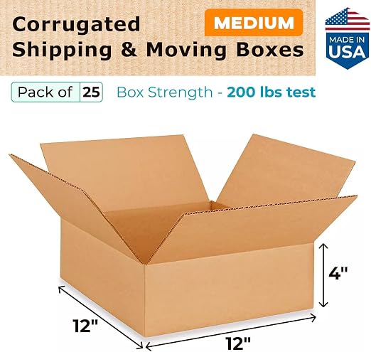 Medium Moving & Shipping Boxes 12"L x 12"W x 4"H (25-Pack) - Extra Strength 200 lb vs Regular - USA-Made Corrugated Cardboard Boxes - Packing Box for Shipping - Cardboard Shipping Box by IDL Packaging
