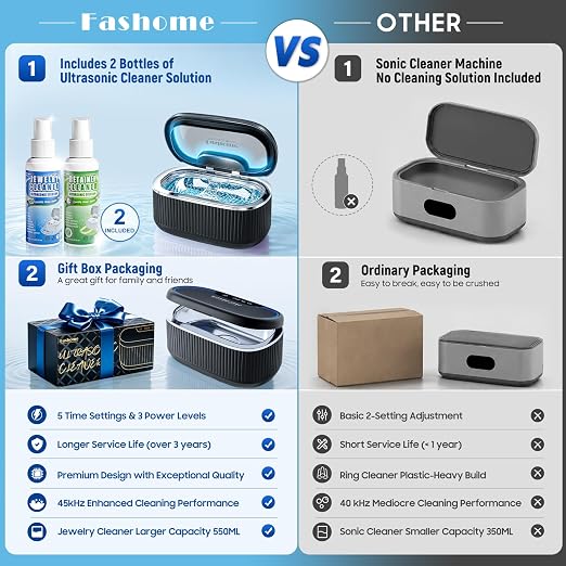 Ultrasonic Jewelry Cleaner with 45kHz for Rings, Glasses & Retainers | Safely Cleans Silver Necklace & Earring，3 Power Modes & 5 Timer Settings，Includes 2 Cleaning Solutions，35W Power & Degas Mode
