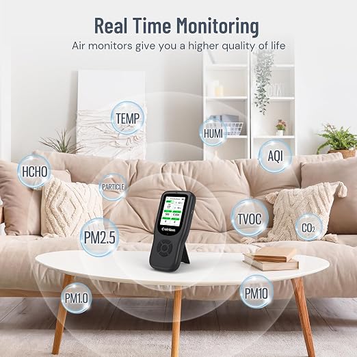 LifeBasis Air Quality Monitor Indoor, 11-in-1 Air Quality Detector with Stand, Air Meter Test AQI, PM1.0, PM2.5, PM10, CO2, TVOC, HCHO, Particles, Temperature and Humidity with Alert