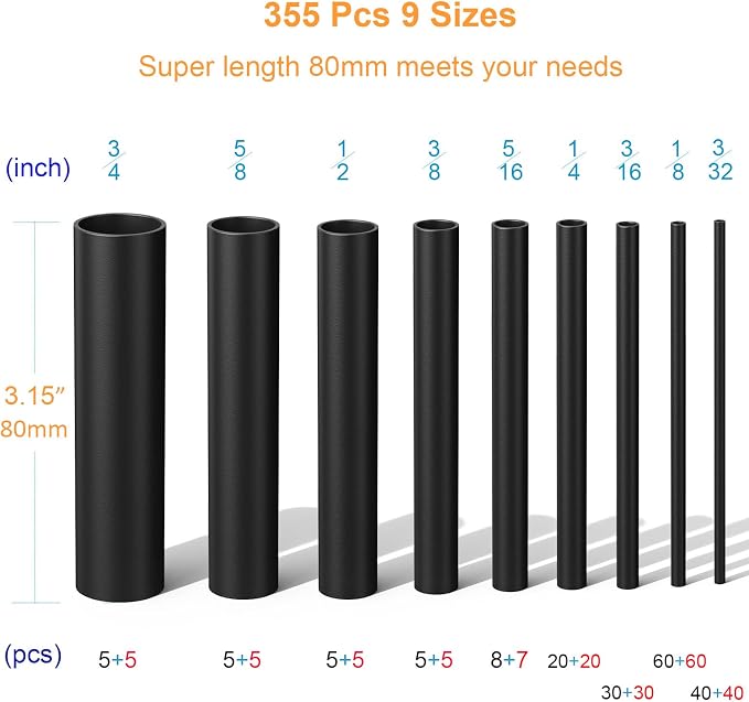 Heat Shrink Tubing Kit 355pcs - 3:1 Adhesive Lined - Electrical Waterproof Industrial Heat Shrink Tape Terminals- Marine Grade Wire Connector Shrink Wrap Tube - 3.15" Length - Black and Red