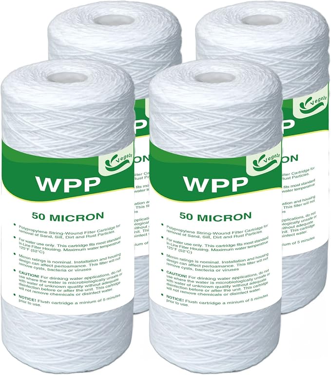 50 Micron Water Filter 10" x 4.5", 10-inch Whole House Heavy Duty String Wound Sediment Pre-Filters for Well Water, Replacement Cartridge for WPX50BB97P, 355220-43, SWC-45-1050, AP814, 4-Pack