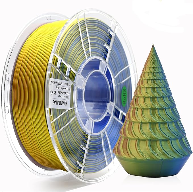 Silk Triple-Color PLA Filament 1.75mm Red-Yellow-Blue | ±0.03mm Precision, 1kg Spool (2.2 lbs), Glossy Multi-Tone Gradient, Neatly Wound, Compatible with Most 3D Printers