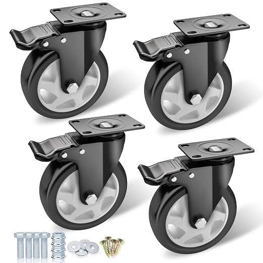 Casters, 5" Caster Wheels，Casters Set of 4 Heavy Duty - ASRINIEY Black Polyurethane Castors, Top Plate Swivel Wheels, 4-Pack Industrial Casters with Brake, Locking Casters for Furniture and Workbench