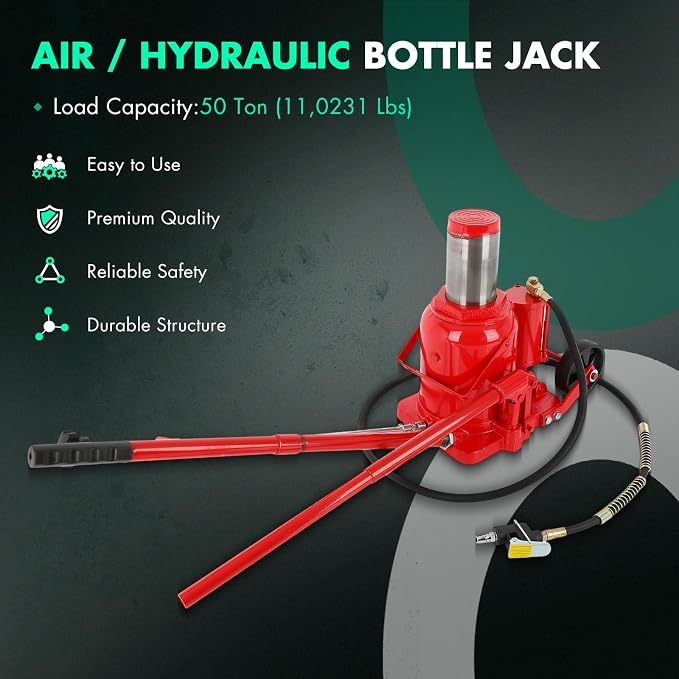 Air Hydraulic Bottle Jack 50 Ton (11 0231 LBS) Pneumatic Bottle Jack Lift Range 27-43cm Air Transmission Jack with Pneumatic & Manual Hand Pump, for Pickup, Truck, RV, Auto Repair, Red