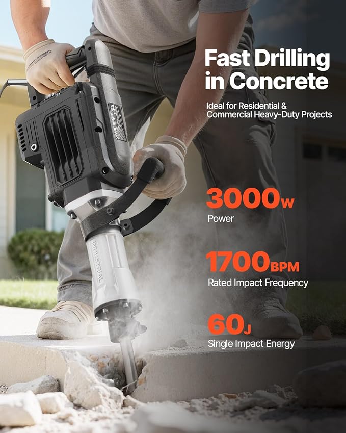 VEVOR Demolition Jack Hammer, 3000 W Powerful Electric Jackhammer, 1700 BPM Concrete Breaker with a Point Chisel, Carrying Case, Gloves, Goggles, for Concrete, Wall, Brick, Tile and Foundation