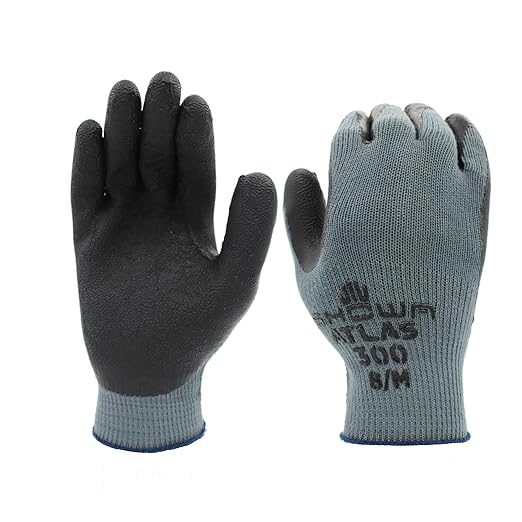 SHOWA Atlas 300B Original 1994 Crinkle Grip Work Gloves, Natural Latex Palm, Heavy Duty 10-Gauge for Construction, Landscaping, Gardening, & Masonry, Black, Large, 1-Pair