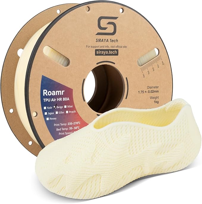Siraya Tech Roamr TPU Air HR 80A Filament, 48-50% High Rebound, Foaming Flexible 3D Printer Filament, 64A-80A Variable Hardness, Matte Finish for Footwear, Midsoles, and Orthotics (800g, Beige)
