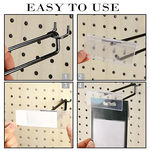 Tandefio 100 Pack 8 Inch Black Metal Peg Board Hooks with Clear Plastic Label Holder Stainless Steel Display Pegboard Hooks for 1/8'' to 1/4'' Pegboard Wall for Garage Storage Retail Shop Supplies