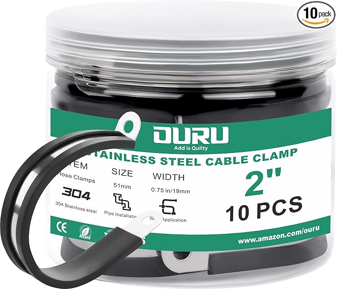 OURU 10pcs 2 Inch Stainless Steel Cable Clamps,Rubber Coated Cushioned Insulated Cable Clamp,Automotive Cable Wire Clamps,Pipe Clamps,Metal Clamp for Tube,Lines,Wire Cord Installation(Black,51mm)