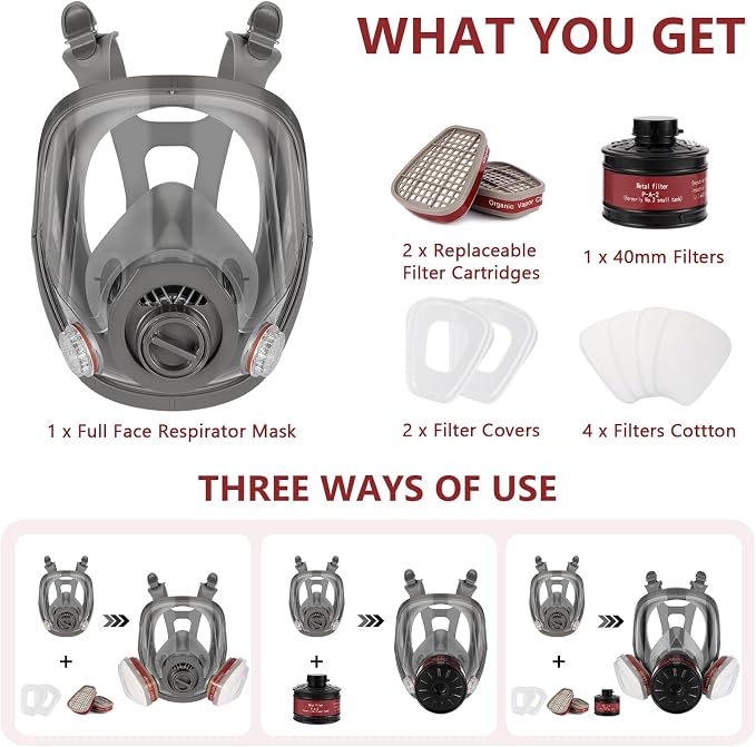 Full Face Respirator Gas Mask with 40mm Filter & Organic Vapor Cartridge, Reusable Respirator Mask for Spraying, Cutting, Sanding, Welding, Woodworking and Construction Projects