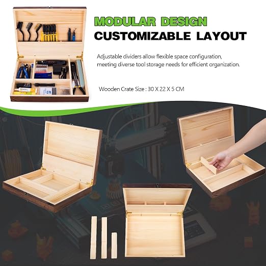 3D Printing Tool Kit with Storage Wooden Boxes, 3D Printer Accessories - Deburring Tool, 3D Printer Removing Scrapers,Trimming Tools,Smoothing Tools, Hand Drill for Bambu Lab, Ender 3, Kobra, etc.