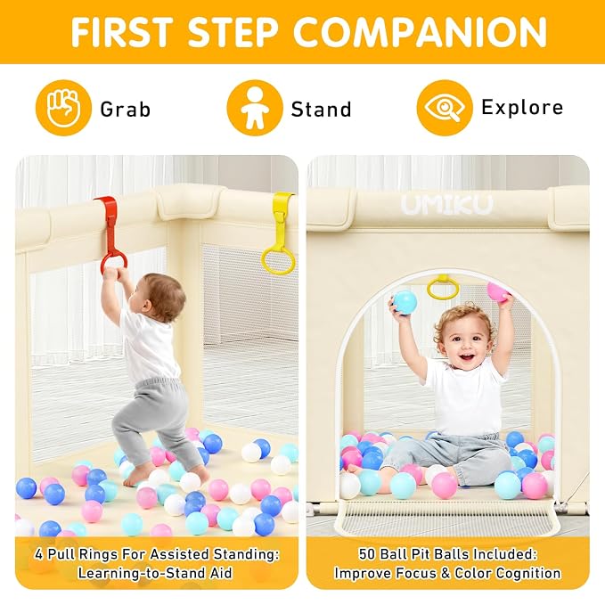 Baby Playpen Foldable Playpen for Babies and Toddlers, Large Playpens Portable Play Pen Play Yard for Kids Fence Indoor Outdoor Travel 4 Handlers 50 Balls Baby Gifts Essentials 50"X50" Beige