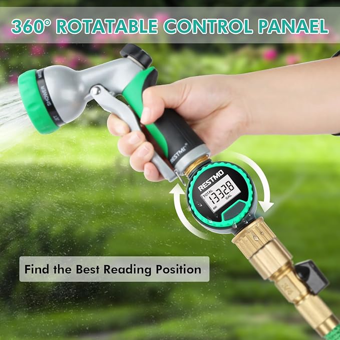 RESTMO 360° Rotatable Water Flow Meter, Pure Brass Inlet & Outlet Water Meter, Measure Gallon/Liter Consumption and Flow Rate for Garden Hose Watering, RV Water Tank Filling and Lawn Sprinkler