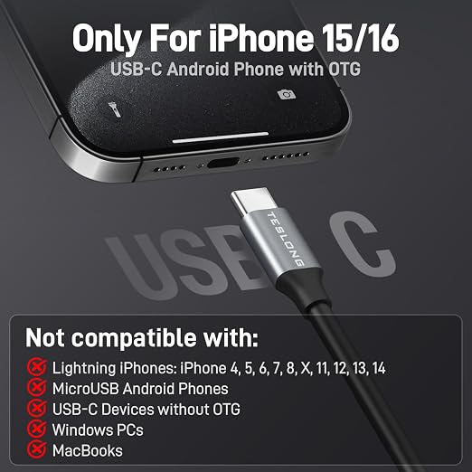 Teslong 50FT USB-C Borescope Inspection Camera with Light, Flexible Waterproof Endoscope Snake Cable, Compatible Only with iPhone 15/16, USB-C iPads & Android Phones for DIY Pipe & Drain Inspection