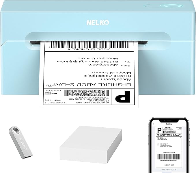 Nelko Bluetooth Thermal Shipping Label Printer, 4x6 Shipping Label Printer for Shipping Packages, Support Android, iPhone and Windows, Widely Used for Amazon, Shopify (Blue)