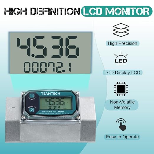 1 Pack 2in Digital Turbine Fuel Flow Meter, High Accuracy Diesel Flow Meter with NPT Counter, Digital LCD with 5 Units, Auto Shut Off, for Gasoline/Kerosene/Water