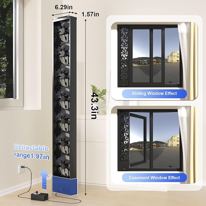 Vertical Window Fan for Sliding Windows (Black, 105~110cm/41.3~43.3in) | No Drilling Required Installation, Adjustable Wind Speed, 1.97 IN Retractable, for Bedroom Bathroom Kitchen Office