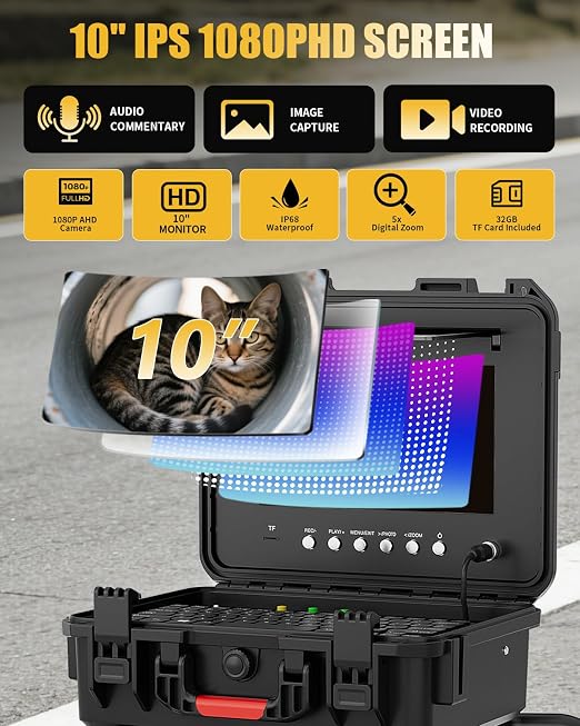 Sewer Camera Self Leveling with 512Hz Sonde & 50m/165ft 7mm Cable, 10" IPS 1080P Drain Camera Pipe Inspection Equipment with DVR Recorder, Keyboard & Meter Counter for Plumbing Professionals