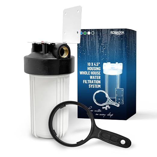 High Capacity 10 x 4.5” Whole House Filter Purifier System for Well or City Water, Presser Relief Button, 1” NPT Brass Port, Double O-Ring, Meets NSF Standards & Regulations (White, 1 Set)