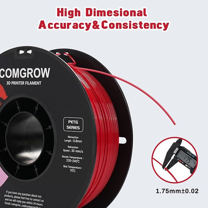 Comgrow PETG 3D Printer Filament 1.75mm, High Precision and Tough 3D Printer Filament 1kg (2.2LBS), Dimensional Accuracy +/- 0.02 mm, Fit Most 3D Printers Red