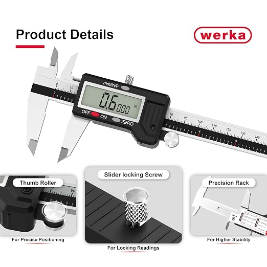 werka Digital Caliper, Calipers Measuring Tool, Auto-Off Micrometer Caliper with 0.001”High-Accuracy,Inch/Fraction/Millimeter Conversions Button,4 Measuring Ways, Stainless Steel (12 Inch)