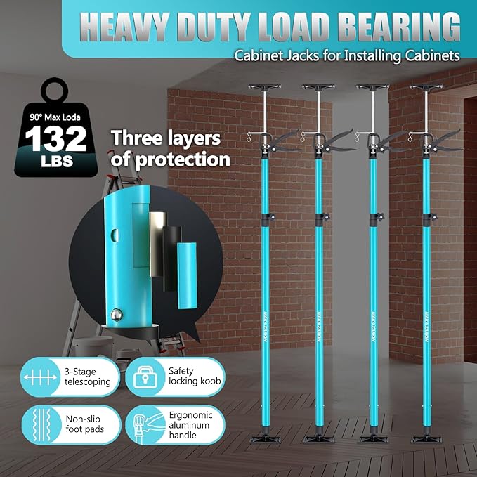 Steel Adjustable Cabinet Jack Support Pole, Quick Support Rod & Drywall Jack, Zip Wall, Dust Barrier Poles, 3rd Hand Support System Load 132LB, Cabinet Installations Tools from 45.2-115.2 in, 4-Pack