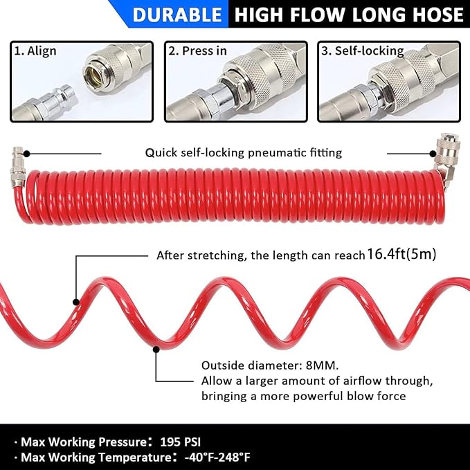 7-Piece Multi-Purpose Air Compressor Accessory Kit, Air Blow Gun and Extendable Air Nozzles, 5 Meter Long PU Air Hose, 100PSI Tire Pressure Gauge with Inflator, 1/4" NPT Air Coupler