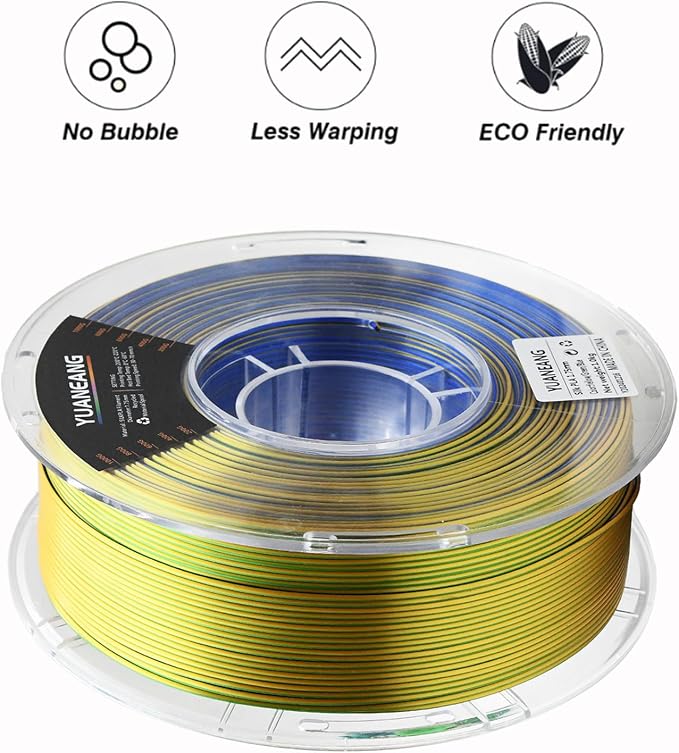 Triple-Color PLA Filament 1.75mm Yellow-Blue-Green, ±0.03mm Precision, 1kg Spool (2.2 lbs), Smooth Multi-Tone Gradient PLA, Neatly Wound & Compatible with Most 3D Printers