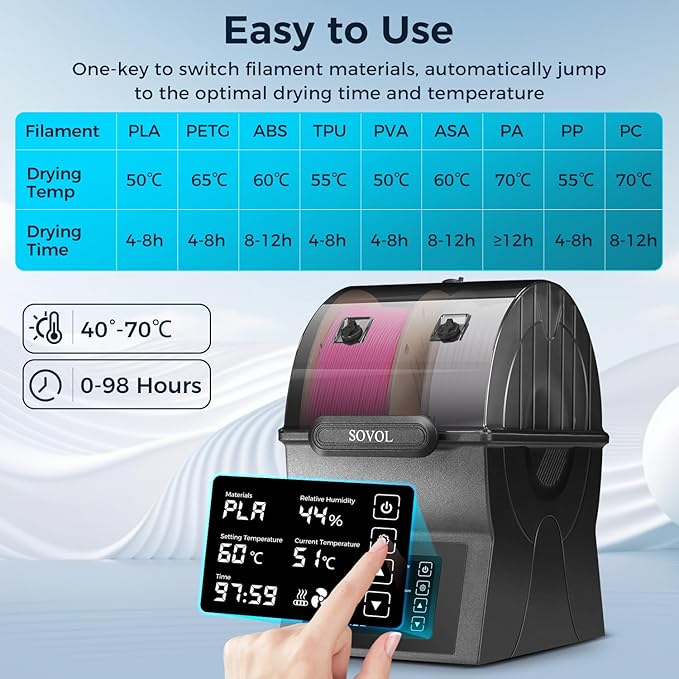 Sovol Filament Dryer, SH02 Dry Box Filament Sealed Storage Box 3D Printer Spool Holder with PTC Heater, Filament Dehydrator with Touch Screen, One Key Set, Compatible with PLA PETG TPU ABS 1.75/2.85mm