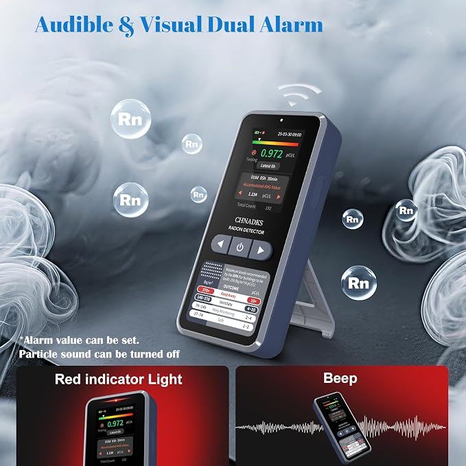 RM-66 Radon Detector for Home, Portable Radon Monitor with TFT Color Display, Audible & Visual Alarm, Easy-to-Use, Rechargeable Type-C, Long-Term Monitoring in pCi/L or Bq/m³