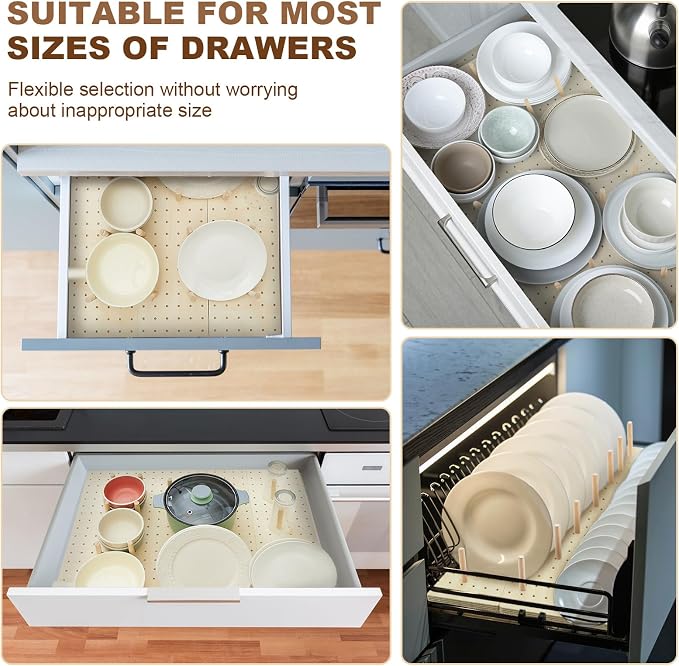 Kigley 6 Pcs Wood Pegboard Drawer Organizer with 48 Pegs Wooden Peg Board System Peg Drawer Organizers for Kitchen Dishes Plate Pegboard Food Containers (Wood Color,21x5.91,Pine)