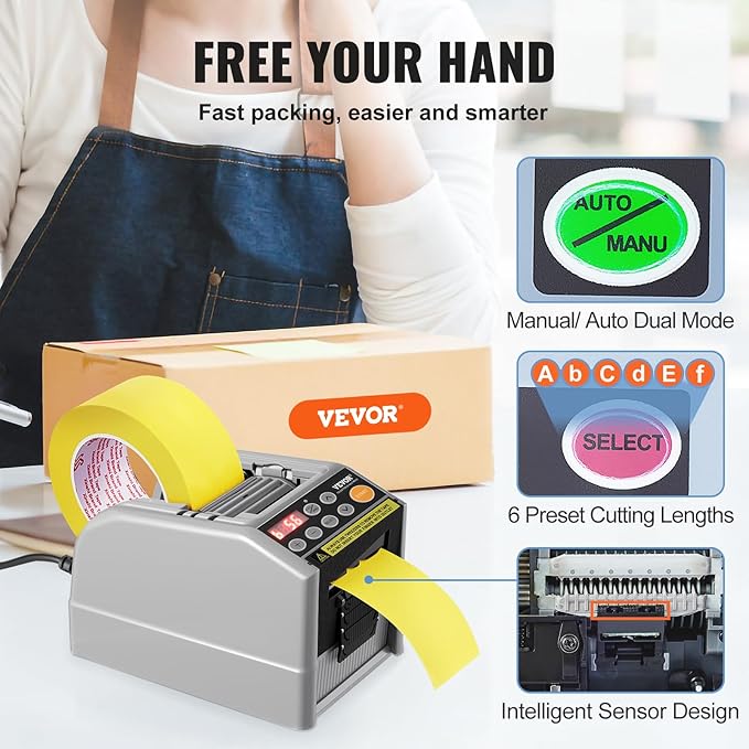 VEVOR Automatic Tape Dispenser Adhesive Electric Tape Cutter Packaging Machine Tape Cutting Machine 6-60mm Tape Width
