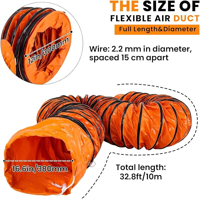 Flexible Ventilation Duct Hosing:12 inch 33FT Portable Ducting Hose for Exhaust Fan with D-ring Vent Pipe Ducting Hose PVC for Garage Basement Tunnel Utility Welding Dust Smoke Ventilation