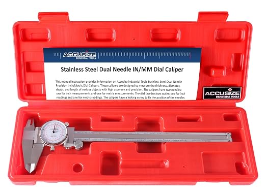 Accusize Industrial Tools 8''/200 mm by 0.001''/0.02 mm Dual Needle Precision Dial Caliper Stainless Steel in Fitted Case, Imperial/Metric, P920-S238 | 0.001 in/0.02 mm Resolution, +/-0.001 in/0.03 mm Accuracy, Hardened Stainless Steel, Fitted Case