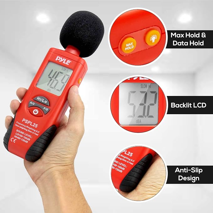 PYLE PSPL25 Digital Handheld Sound Level Meter with A & C Frequency Weighting for Musicians, Red/Black