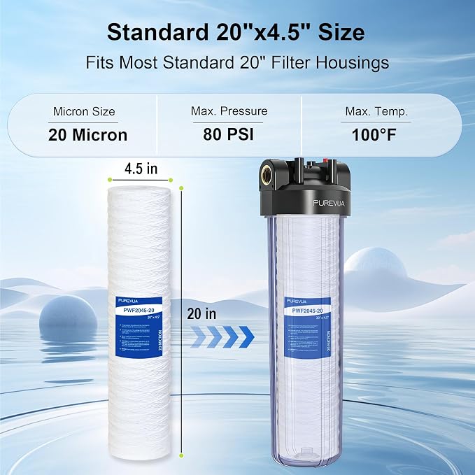 20 Micron 20"x4.5" String Wound Sediment Filter, Whole House Water Filter Cartridge for Well Water, Compatible with WP5BB20P, SWC-45-2005, Fits Standard 20" Big Housings, 6 Pack