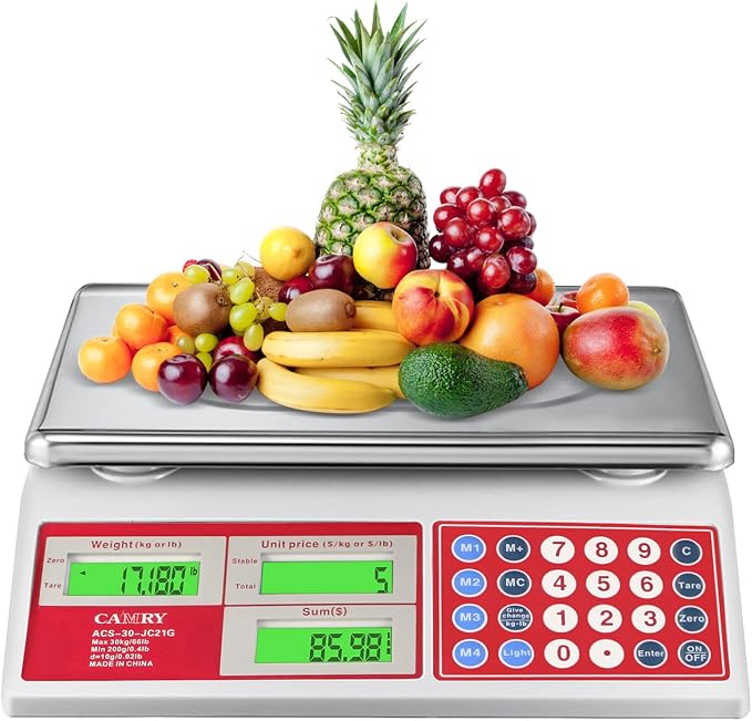 CAMRY Commercial Price Computing Scale, 66lb/30kg, Dual LCD | Stainless Steel Platform; Green Backlight; Battery Powered; KG/LB Conversion; For Deli and Farmers Market