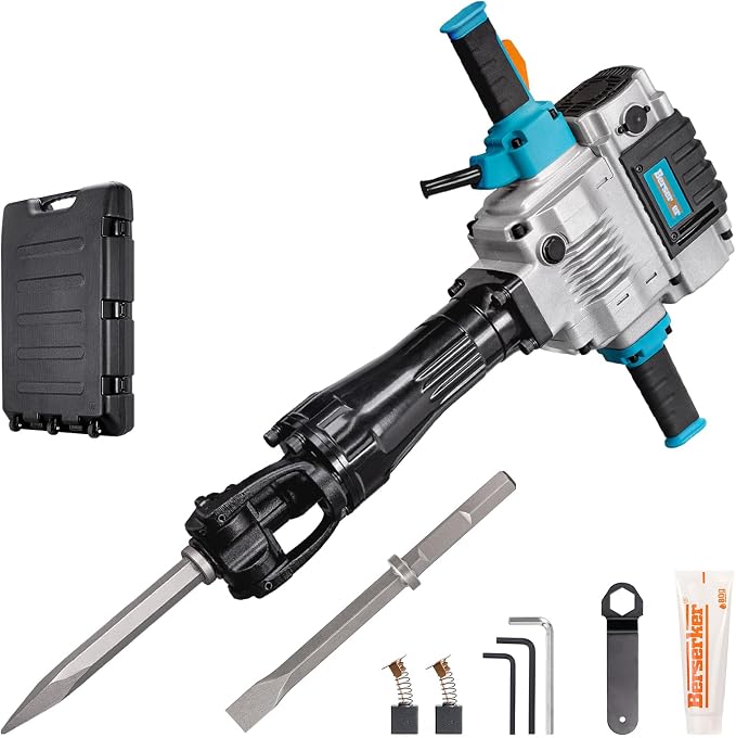 Berserker 2100W 55-Pound Demolition Jack Hammer 125KD with 1-1/8" Hex,17Amp | Full-Size Heavy duty Corded Electric Concrete/Pavement Breaker with Wheeled Carrying Case, Flat Chisel, Bull Point Chisel