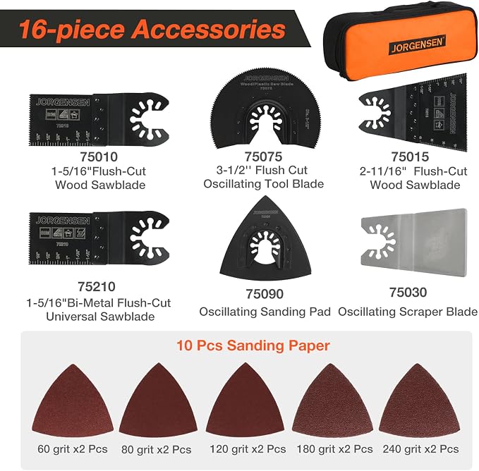 JORGENSEN Oscillating Tool 5°Oscillation Angle, 4 Amp Oscillating Multi Tools Saw, 7 Variable Speed with 16-piece Electric Multitool Blades & Carrying Bag - 70800