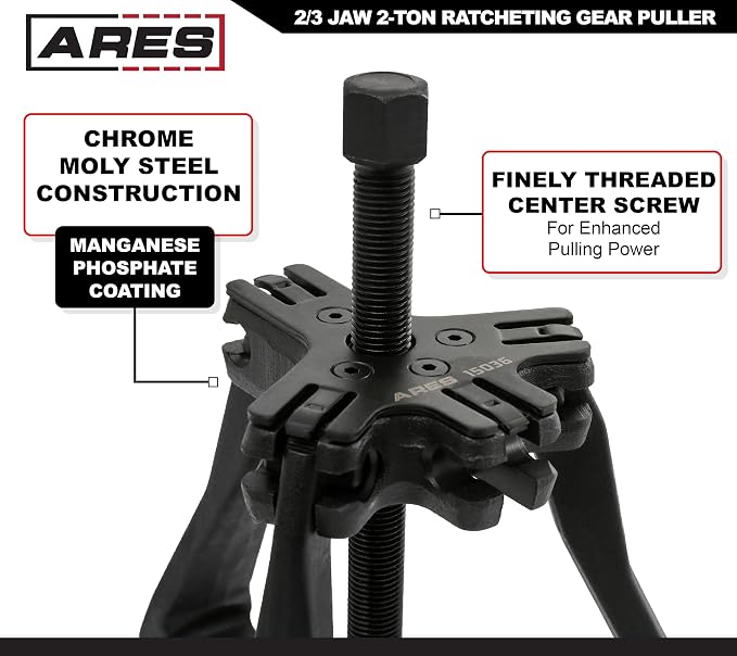 ARES 15036 - Reversible 2/3 Jaw 2-Ton Ratcheting Gear Puller - Chrome Moly Steel Construction - 2-Inch to 3-Inch Adjustable Range - Removes Gears, Pulleys, and Flywheels