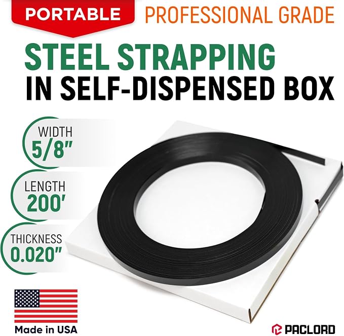 5/8" x 200' Heavy-Duty Steel Strapping in Portable Self-Dispensed Box, 0.020" Thick, 1470 Lbs Break Strength - Pallet Steel Banding with Superior Cut-Resistance - Approved for UPS Shipping | 0.020" Thick, 1470 Lbs Break Strength - Pallet Steel Banding ...