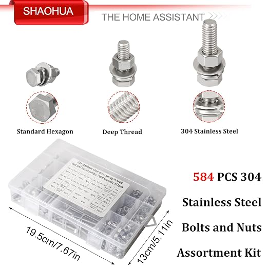 M4 M5 M6 Metric Bolt Assortment Kit 10mm to 50mm, A2-70 Hex Bolt, 304 Stainless Steel Heavy Duty Flat Hex Head Screws Bolts and Nuts Kit, Nuts Flat and Lock Washers(Silver), 584PCS