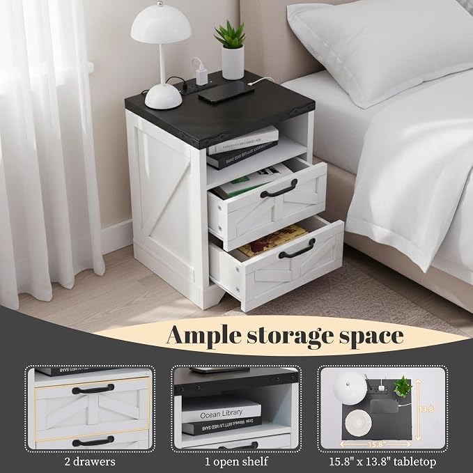 GarveeHome Farmhouse Nightstand -Night Stand White with Charging Station, Bed Side Tables Bedroom with 2-Drawer USB, Industrial End Table, Sturdy Engineered Wood (White with Drawer)