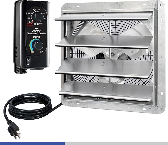 iLIVING 16" Wall Mounted Shutter Exhaust Fan, Automatic Shutter, with Thermostat and Variable Speed controller, 0.85A, 1200 CFM, 1800 SQF Coverage Area Silver (ILG8SF16V-ST)