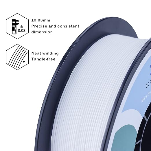 ZIRO Matte PLA Filament 1.75mm, Pure Color No-Shine 3D Printer Filament, High Toughness 3D Printing Material, Dimensional Accuracy +/- 0.03mm, White (Matte)